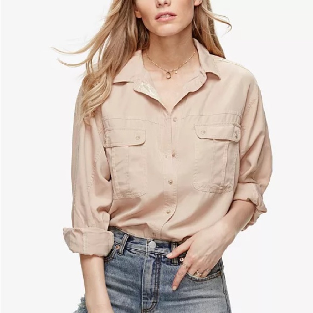 Free People *Off Campus* pink button down camp shirt w metallic stripe S 553521